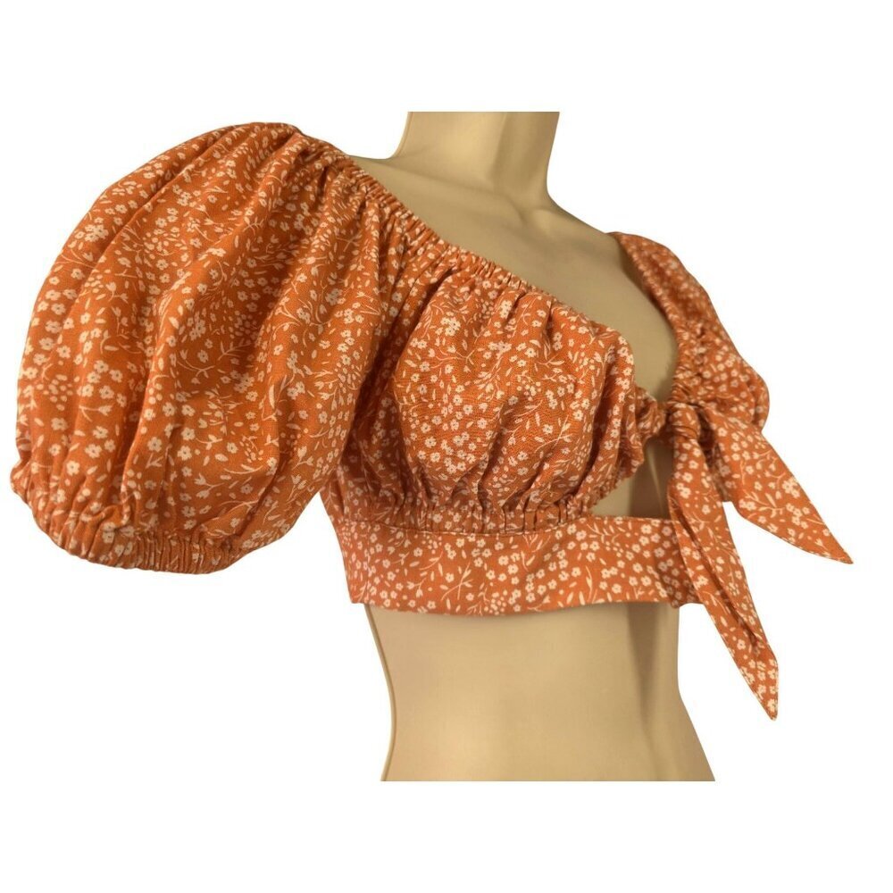 Sabo Skirt Neviah Crop Top Womens S Peach Floral Puff Sleeve Tie Front Crop NWT